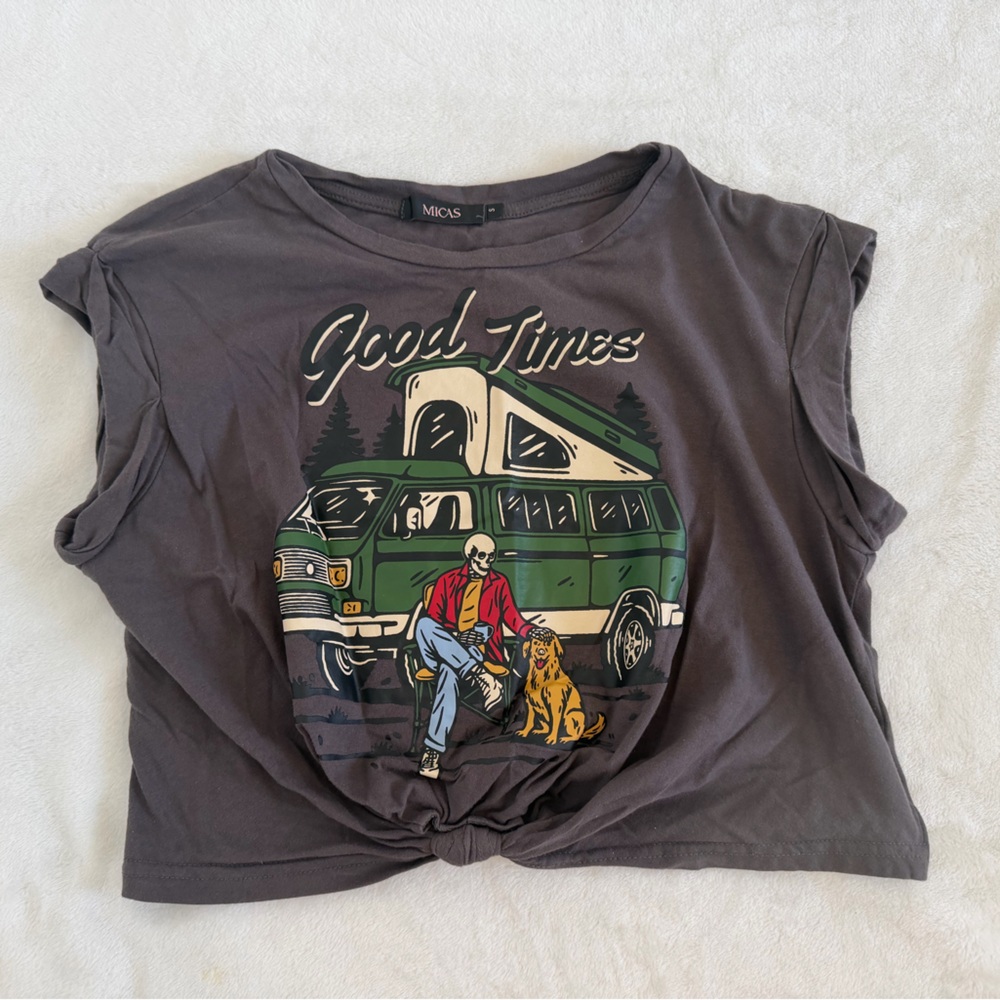 Micas Size Small “Good Times” Gray, Cropped Graphic T-shirt.  Fixed knot front